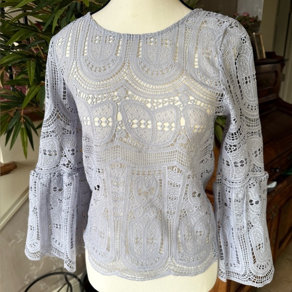 I MADELINE long sleeve small crocheted top bell sleeves NWT baby blue - Picture 5 of 12